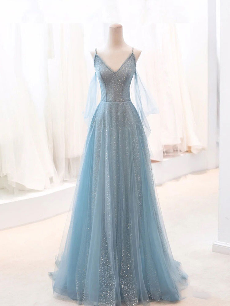 Wedding Dress Guest, Gray Blue V Neck Tulle Sequin Long Prom Dress, Blue Evening Dress