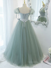 Graduation Dress, Gray Green A-Line Tulle Long Prom Dress, Gray Green Formal Dress