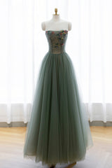 Boho Wedding, Gray Green Tulle Beaded Long Prom Dress, A-Line Evening Dress