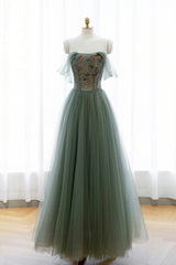 Unique Wedding Ideas, Gray Green Tulle Beaded Long Prom Dress, A-Line Evening Dress