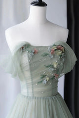Fall Wedding Ideas, Gray Green Tulle Long Prom Dress, Lovely Off Shoulder A-Line Evening Dress