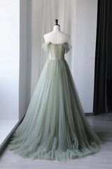 Wedding Inspiration, Gray Green Tulle Long Prom Dress, Lovely Off Shoulder A-Line Evening Dress