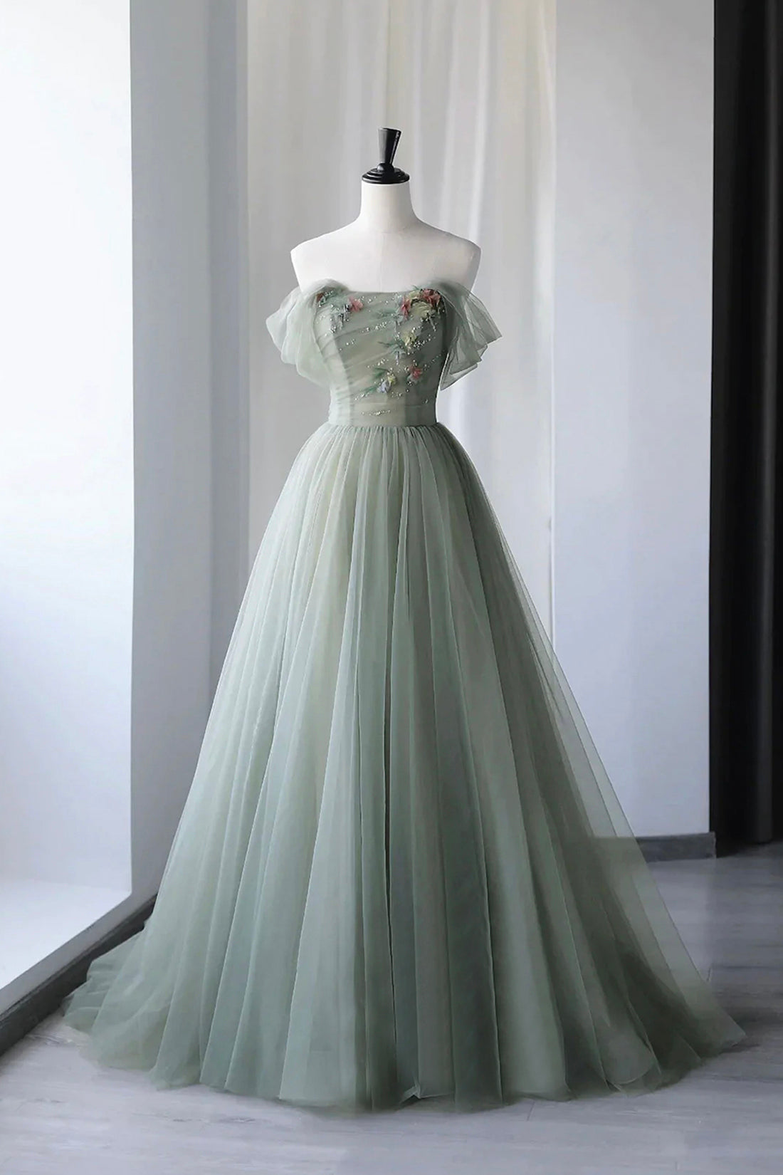 Pretty Prom Dress, Gray Green Tulle Long Prom Dress, Lovely Off Shoulder A-Line Evening Dress