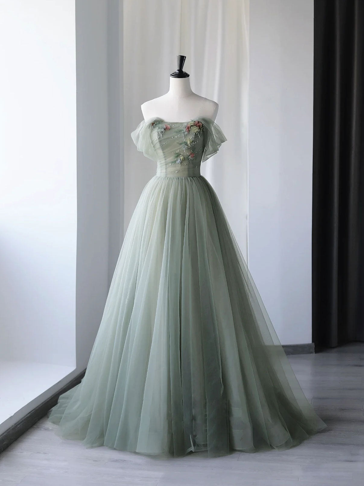 Party Dress Online Shopping, Gray Green Tulle Off Shoulder Long Prom Dress, Gray Green Formal Graduation Dresses