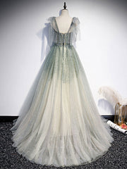 Formal Dresses Summer, Gray Green Tulle Sequin Beads Long Prom Dress, Green Evening Dress