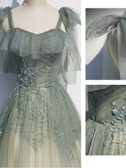 Formal Dresses For Woman, Gray Green Tulle Sequin Beads Long Prom Dress, Green Evening Dress