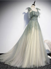 Formal Dress For Woman, Gray Green Tulle Sequin Beads Long Prom Dress, Green Evening Dress