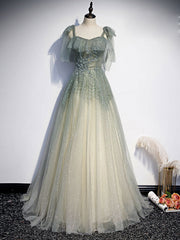 Formal Dress Summer, Gray Green Tulle Sequin Beads Long Prom Dress, Green Evening Dress