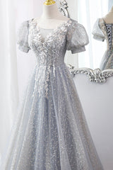 Prom Dress Spring, Gray Lace Long A-Line Prom Dress with Sequins, Cute Short Sleeve Evening Dress