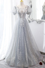 Prom Dress A Line, Gray Lace Long A-Line Prom Dress with Sequins, Cute Short Sleeve Evening Dress