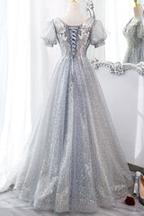 Prom Dressed A Line, Gray Lace Long A-Line Prom Dress with Sequins, Cute Short Sleeve Evening Dress