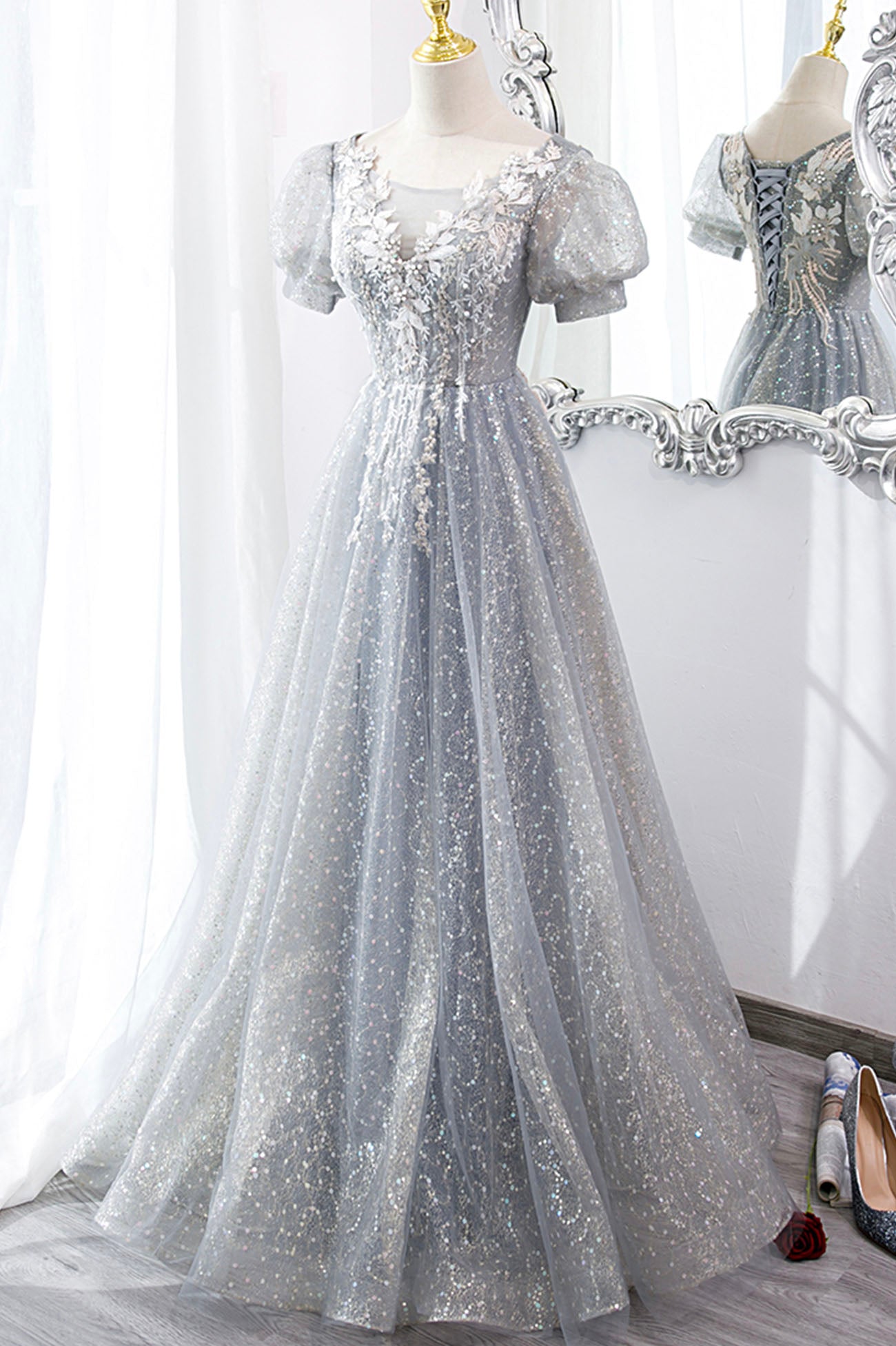 Prom Dresses Spring, Gray Lace Long A-Line Prom Dress with Sequins, Cute Short Sleeve Evening Dress