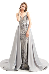 Homecoming Dresses Pockets, Mermaid Sequins Spaghetti Straps Prom Dresses With Detachable Train