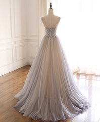 Evening Dresses Floral, Gray Purple Round Neck Tulle Long Prom Dress, A line Formal Graduation Dress