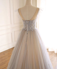 Evenning Dress For Wedding Guest, Gray Purple Round Neck Tulle Long Prom Dress, A line Formal Graduation Dress