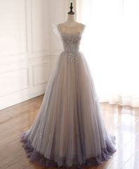 Evening Dress With Sleeve, Gray Purple Round Neck Tulle Long Prom Dress, A line Formal Graduation Dress