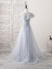 Prom Dresses For Kids, Gray Round Neck Lace Tulle Long Prom Dress, Gray Evening Dress