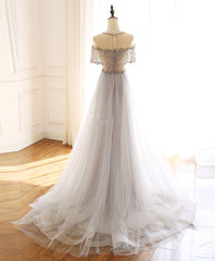 Prom Dress Under 212, Gray Round Neck Tulle Beads Long Prom Dress Forma Graduation Dresses