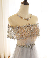 Prom Dresses 2032, Gray Round Neck Tulle Beads Long Prom Dress Forma Graduation Dresses