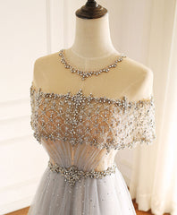 Prom Dresses Ideas, Gray Round Neck Tulle Beads Long Prom Dress Forma Graduation Dresses