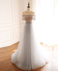 Prom Dress Prom Dress, Gray Round Neck Tulle Beads Long Prom Dress Forma Graduation Dresses