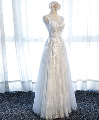 Evening Dress For Party, Gray Round Neck Tulle Lace Applique Long Prom Dress