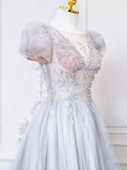 Evening Dresses Online Shopping, Gray Round Neck Tulle Lace Long Prom Dress, Gray Tulle Evening Dress