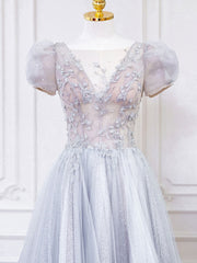 Evening Dresses On Sale, Gray Round Neck Tulle Lace Long Prom Dress, Gray Tulle Evening Dress