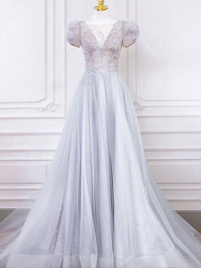 Evening Dresses Long, Gray Round Neck Tulle Lace Long Prom Dress, Gray Tulle Evening Dress