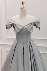 Bridesmaids Dresses Black, Gray Satin Floor Length Formal Dress with Pearls, Cute A-Line Prom Dress