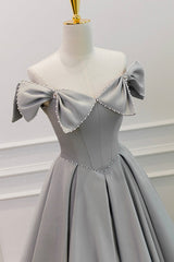 Bridesmaid Dress Black, Gray Satin Floor Length Formal Dress with Pearls, Cute A-Line Prom Dress