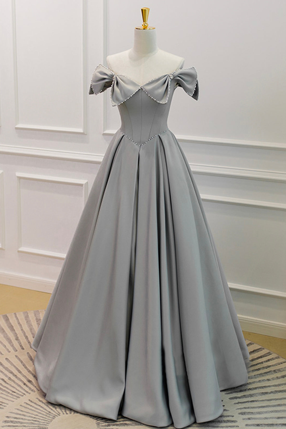 Engagement Photo, Gray Satin Floor Length Formal Dress with Pearls, Cute A-Line Prom Dress