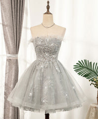 Homecoming Dresses For Kids, Gray Sweetheart Lace Tulle Short Prom Dress Gray Homecoming Dress