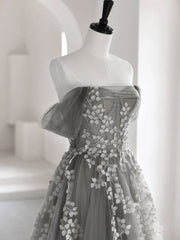 Prom Dress Inspo, Gray Sweetheart Neck A line Lace Long Prom Dress, Gray Formal Dress