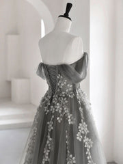 Classy Dress Outfit, Gray Sweetheart Neck A line Lace Long Prom Dress, Gray Formal Dress