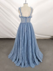 Evening Dresses Boutique, Gray Sweetheart Neck Tulle Lace Long Prom Dress Blue Formal Dress