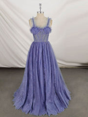 Evening Dresses Elegant, Gray Sweetheart Neck Tulle Lace Long Prom Dress Blue Formal Dress