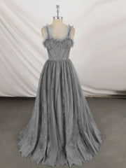 Evening Dresses For Weddings, Gray Sweetheart Neck Tulle Lace Long Prom Dress Blue Formal Dress
