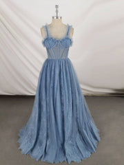 Evening Dresses Short, Gray Sweetheart Neck Tulle Lace Long Prom Dress Blue Formal Dress