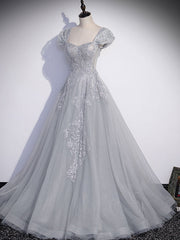 Formal Dress Inspo, Gray Sweetheart Neck Tulle Lace Long Prom Dress, Gray Evening Dress