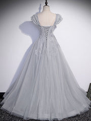 Formal Dresses And Evening Gowns, Gray Sweetheart Neck Tulle Lace Long Prom Dress, Gray Evening Dress