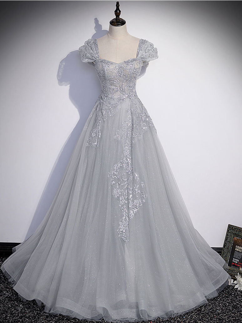 Formal Dresses To Wear To A Wedding, Gray Sweetheart Neck Tulle Lace Long Prom Dress, Gray Evening Dress