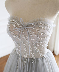 Prom Dresses Designs, Gray Sweetheart Tulle Beads Long Prom Dress Gray Tulle Formal Dress