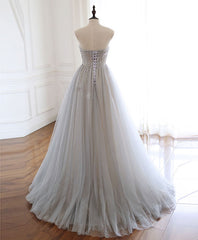 Prom Dress Designs, Gray Sweetheart Tulle Beads Long Prom Dress Gray Tulle Formal Dress