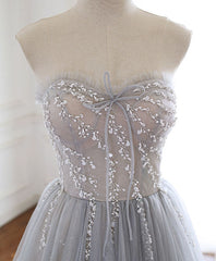 Prom Dresses Website, Gray Sweetheart Tulle Beads Long Prom Dress Gray Tulle Formal Dress