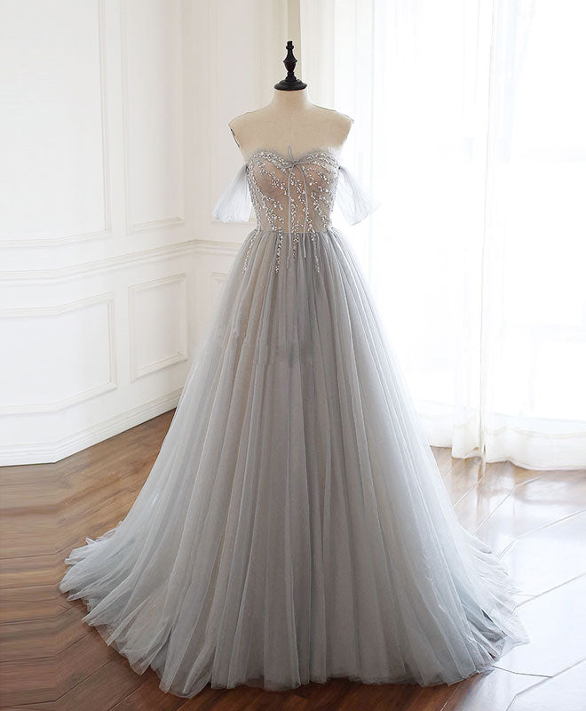 Prom Dresses Designers, Gray Sweetheart Tulle Beads Long Prom Dress Gray Tulle Formal Dress