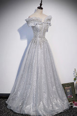 Evening Gown, Gray Tulle Beaded Long A-Line Prom Dress, Cute Evening Party Dress