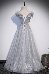 Purple Prom Dress, Gray Tulle Beaded Long A-Line Prom Dress, Cute Evening Party Dress