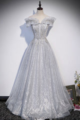 Blue Prom Dress, Gray Tulle Beaded Long A-Line Prom Dress, Cute Evening Party Dress
