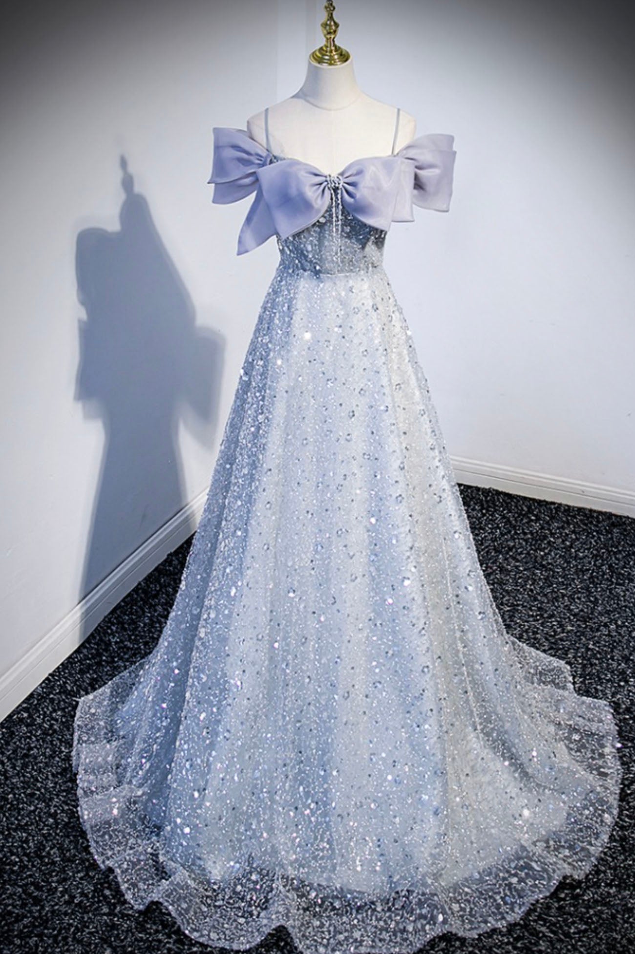 Party Dresses Cocktail, Gray Tulle Beaded Long Prom Dress, Off the Shoulder Evening Dress with Bow